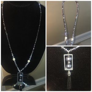 28” Metallic Beaded Necklace w/ Charcoal Pendant